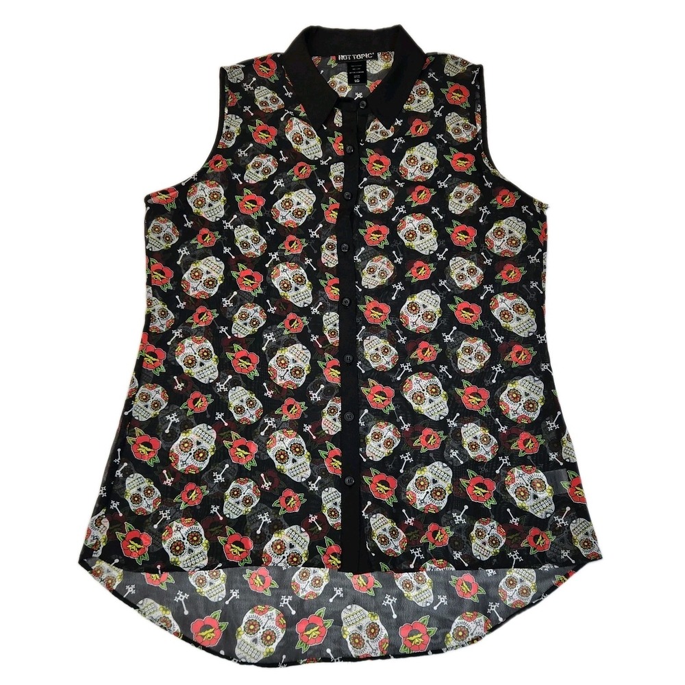 Hot Topic Sugar Skull Rose Sleeveless Button Front Sheer Blouse Women's L Goth